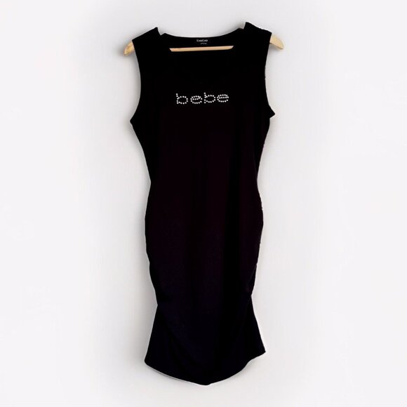 BEBE Y2K Crystal Logo Ruched Sleeveless Midi Dress Size Large Black Stretch 90s - Picture 1 of 11